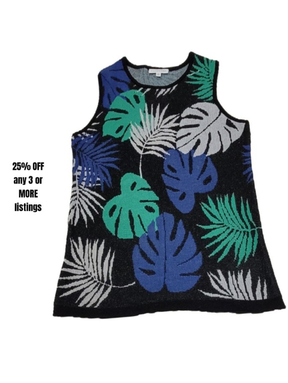 Tropical Leaf Print Tank Top  Black Blue Green Size Large Sparkle Palm Resort